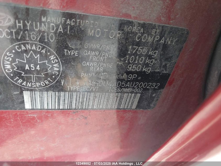 2010 Hyundai Elantra Gls VIN: KMHDU4AD5AU200232 Lot: 12349852