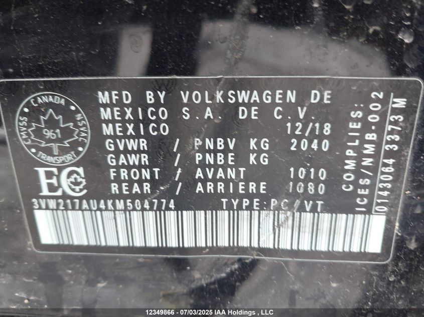 2019 Volkswagen Golf Sportwagen S VIN: 3VW217AU4KM504774 Lot: 12349866