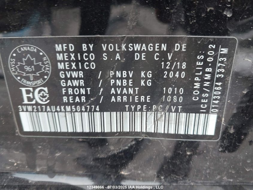 2019 Volkswagen Golf Sportwagen S VIN: 3VW217AU4KM504774 Lot: 12349866