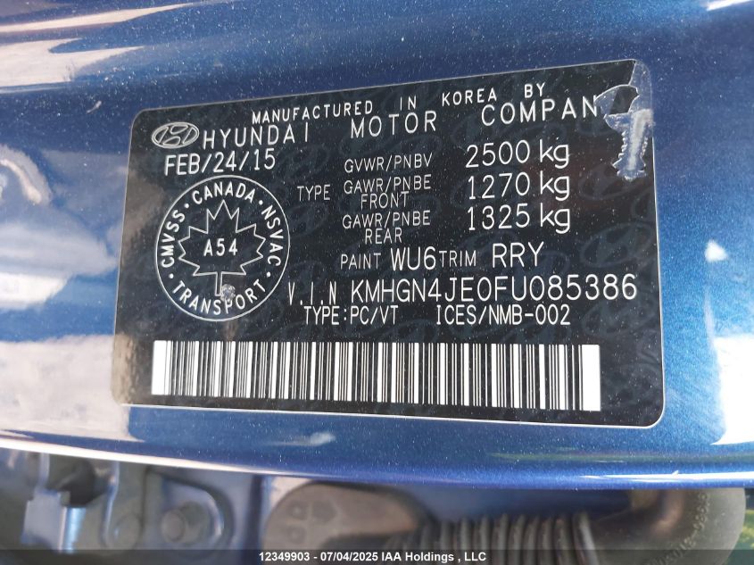 2015 Hyundai Genesis 3.8 Luxury VIN: KMHGN4JE0FU085386 Lot: 12349903