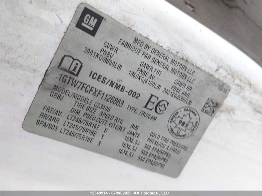 2015 GMC Savana G2500 VIN: 1GTW7FCFXF1126863 Lot: 12349914