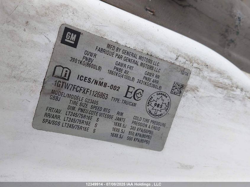 2015 GMC Savana G2500 VIN: 1GTW7FCFXF1126863 Lot: 12349914