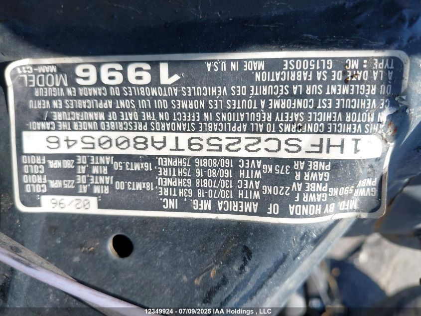 1996 Honda Gl1500 Se VIN: 1HFSC2259TA800546 Lot: 12349924