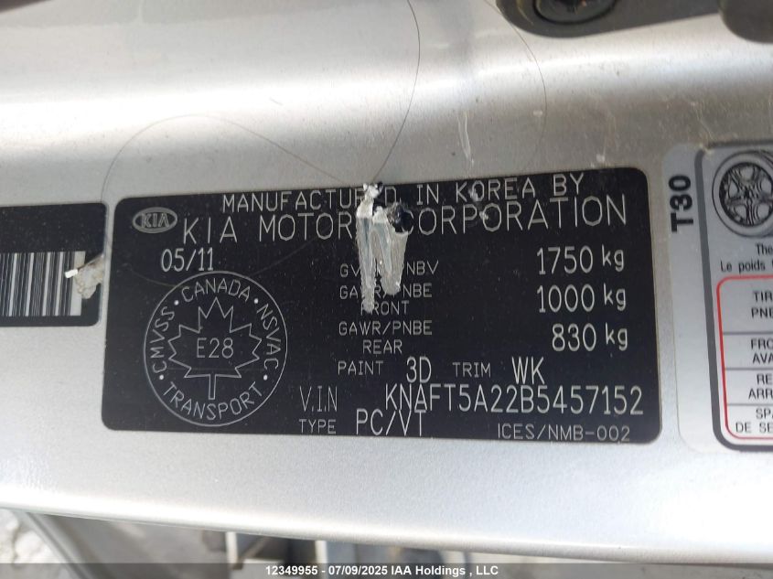 2011 Kia Forte 5-Door VIN: KNAFT5A22B5457152 Lot: 12349955