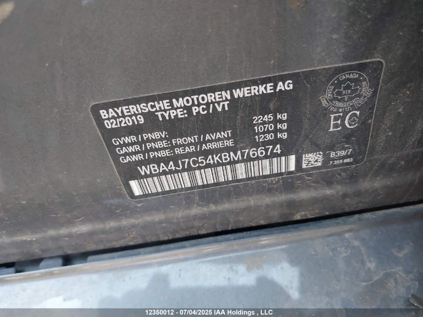 2019 BMW 440Xi Gran Coupe VIN: WBA4J7C54KBM76674 Lot: 12350012