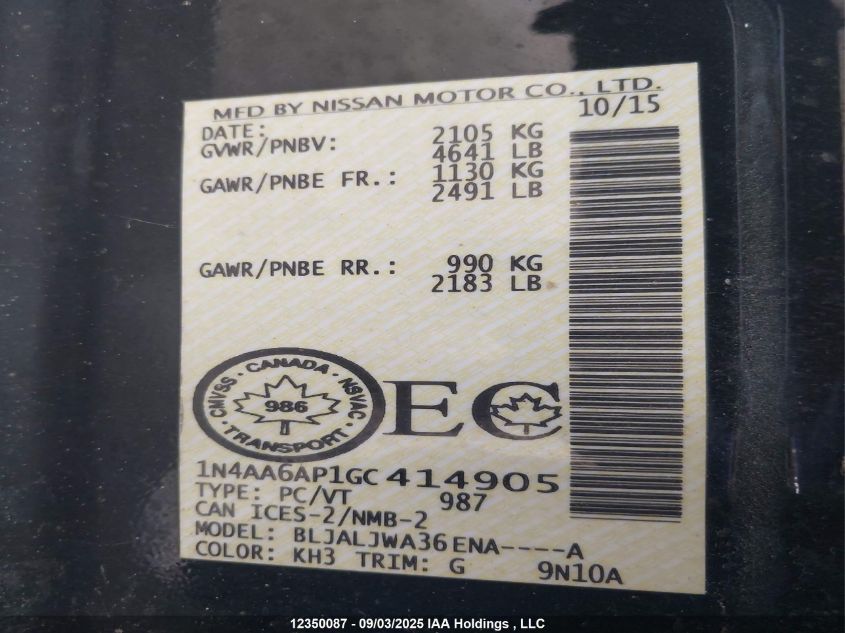 2016 Nissan Maxima Platinum/Sl/Sr/Sv VIN: 1N4AA6AP1GC414905 Lot: 12350087