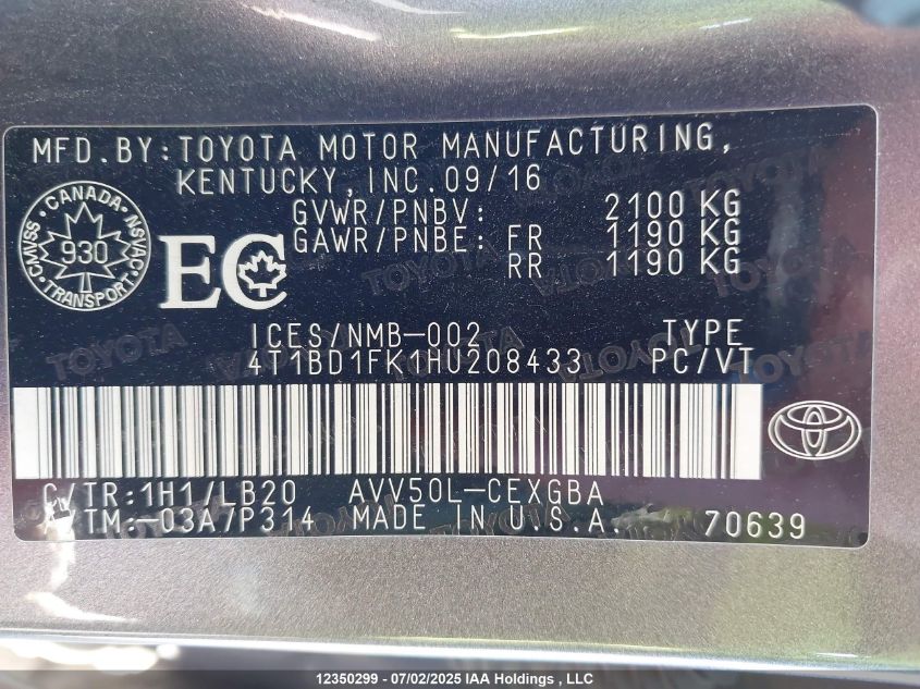 2017 Toyota Camry Hybrid Xle VIN: 4T1BD1FK1HU208433 Lot: 12350299