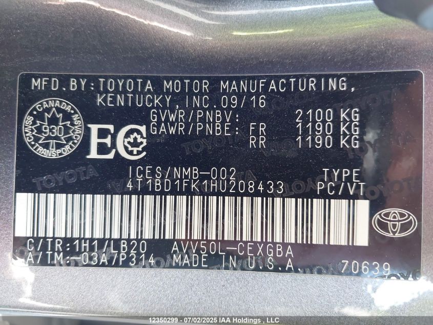 2017 Toyota Camry Hybrid Xle VIN: 4T1BD1FK1HU208433 Lot: 12350299