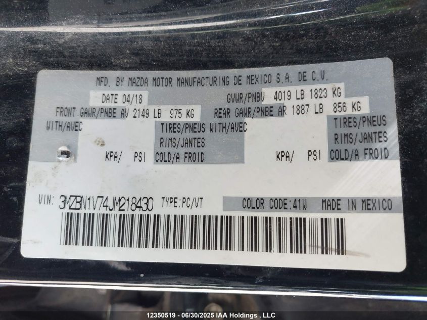 2018 Mazda Mazda3 50Th Anniversary Edition/Gs/Se VIN: 3MZBN1V74JM218430 Lot: 12350519