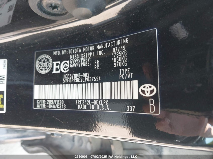 2020 Toyota Corolla Le VIN: 5YFBPRBE2LP037594 Lot: 12350908