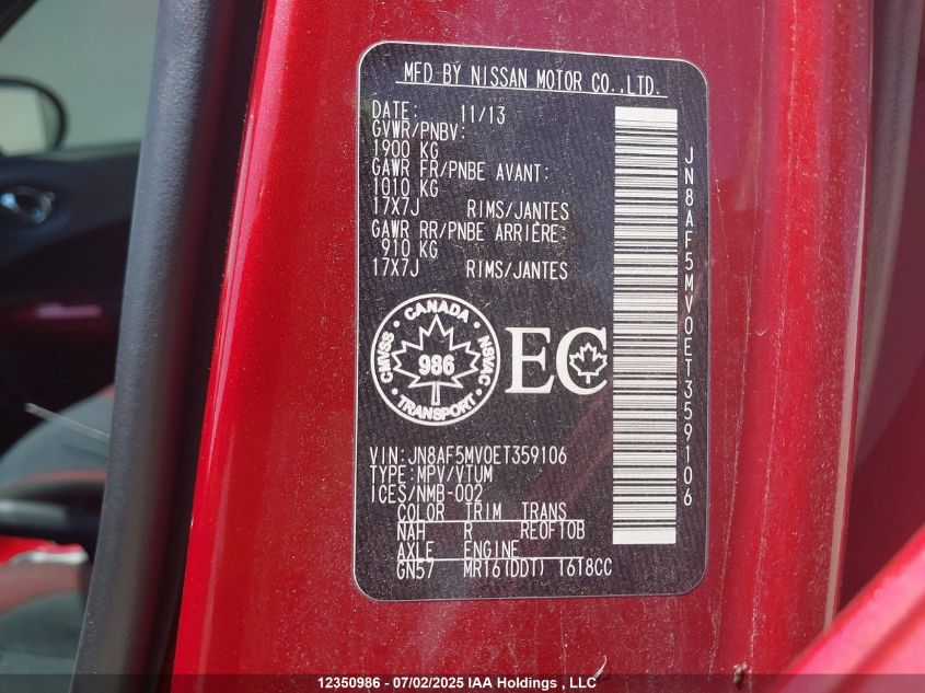 2014 Nissan Juke Nismo/Sl/Sv VIN: JN8AF5MV0ET359106 Lot: 12350986