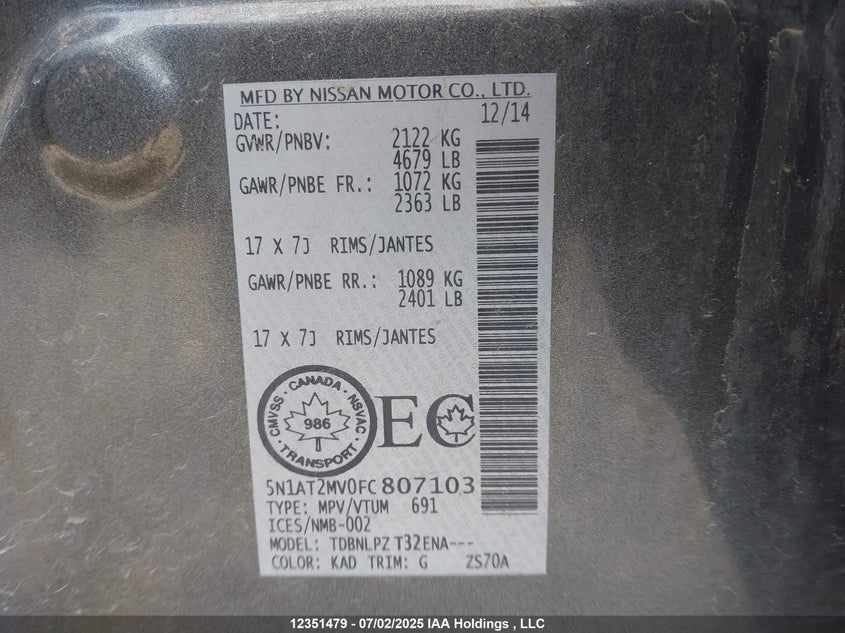 5N1AT2MV0FC807103 2015 NISSAN ROGUE photo no. 9