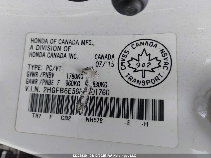 2015 Honda Civic Si Si VIN: 2HGFB6E56FH201760 Lot: 12329530X