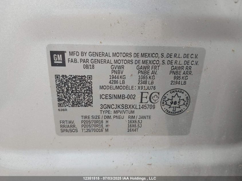 2019 Chevrolet Trax Ls VIN: 3GNCJKSBXKL145709 Lot: 12351515