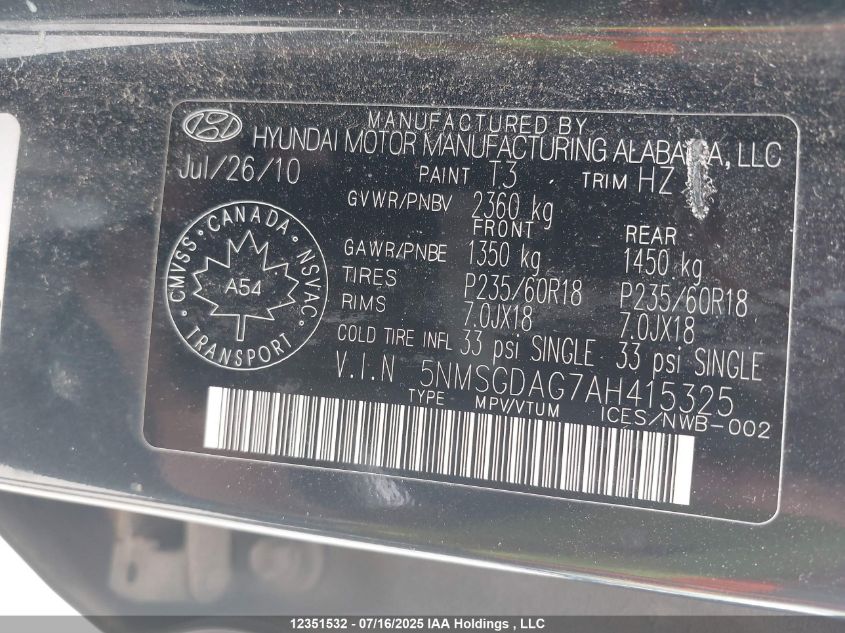 2010 Hyundai Santa Fe Gl 3.5 Sport VIN: 5NMSGDAG7AH415325 Lot: 12351532