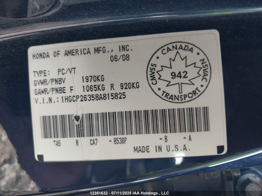 2008 Honda Accord Lx VIN: 1HGCP26358A815825 Lot: 12351632
