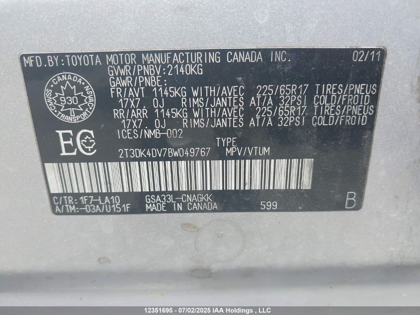 2011 Toyota Rav4 Limited V6 VIN: 2T3DK4DV7BW049767 Lot: 12351695