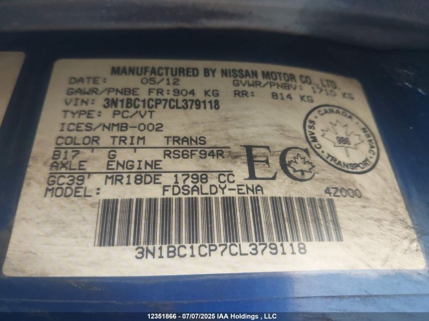 2012 Nissan Versa S/Sl VIN: 3N1BC1CP7CL379118 Lot: 12351866