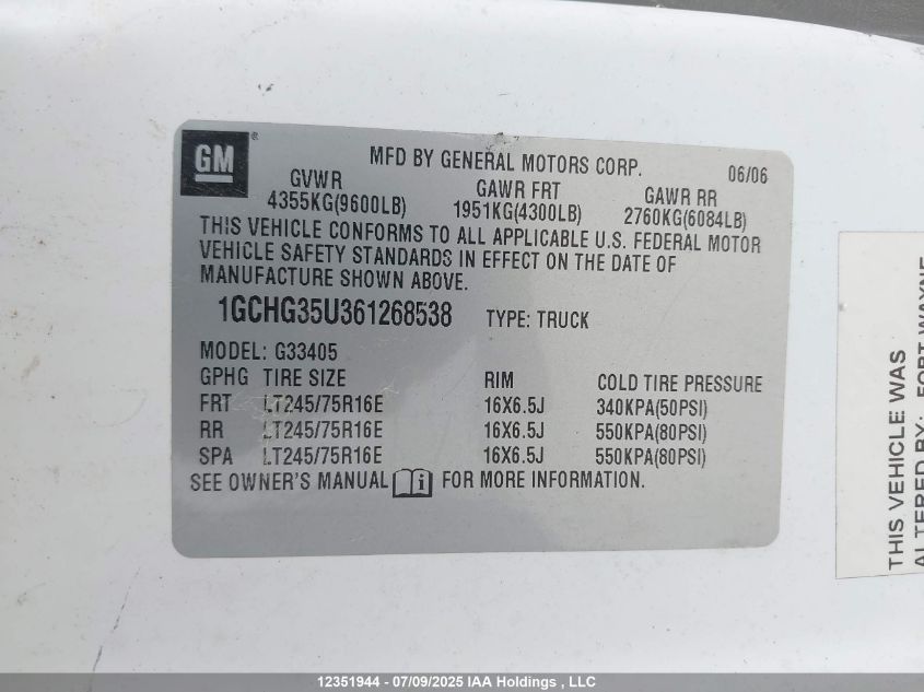 2006 Chevrolet Express G3500 VIN: 1GCHG35U361268538 Lot: 12351944