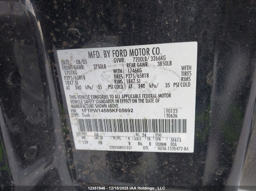 2005 Ford F-150 VIN: 1FTPW14585KF05692 Lot: 12351946