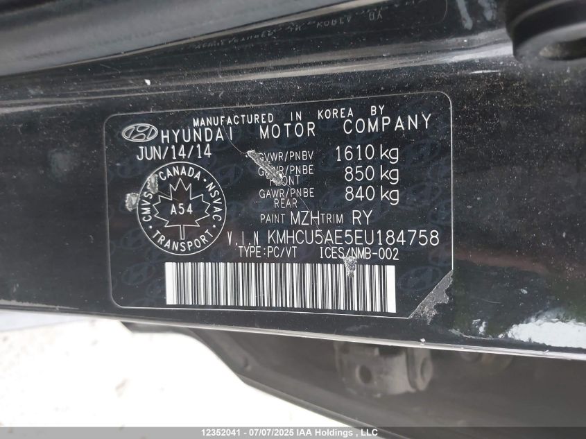 2014 Hyundai Accent Gls VIN: KMHCU5AE5EU184758 Lot: 12352041