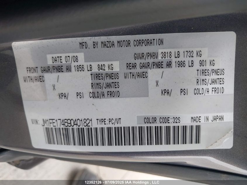 2009 Mazda Rx8 VIN: JM1FE174690401821 Lot: 12352126