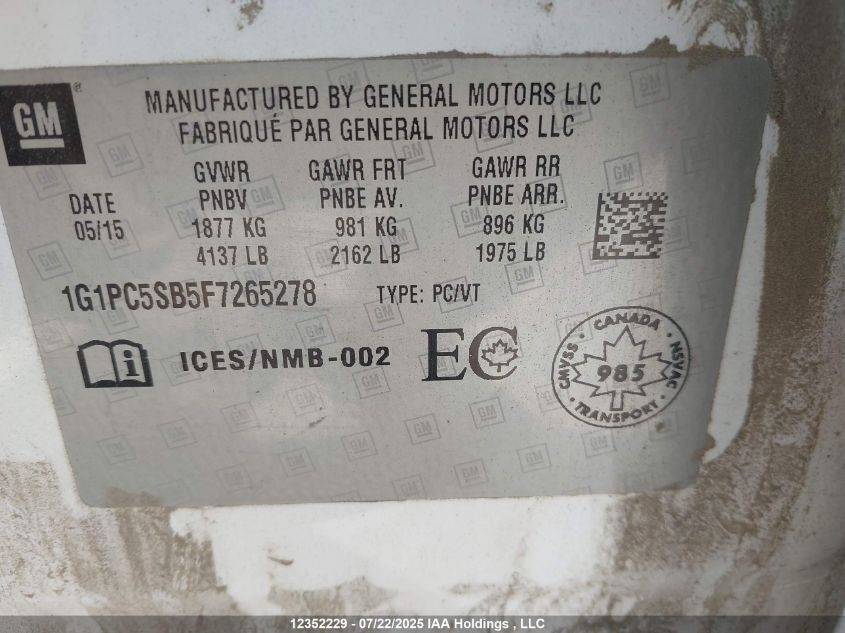 2015 Chevrolet Cruze Lt VIN: 1G1PC5SB5F7265278 Lot: 12352229