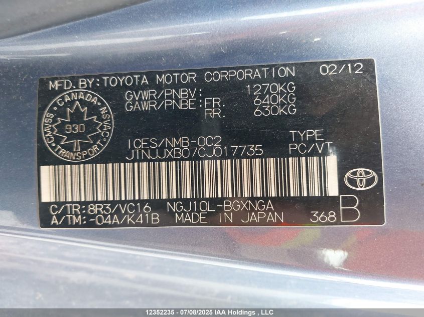 2012 Scion Iq VIN: JTNJJXB07CJ017735 Lot: 12352235