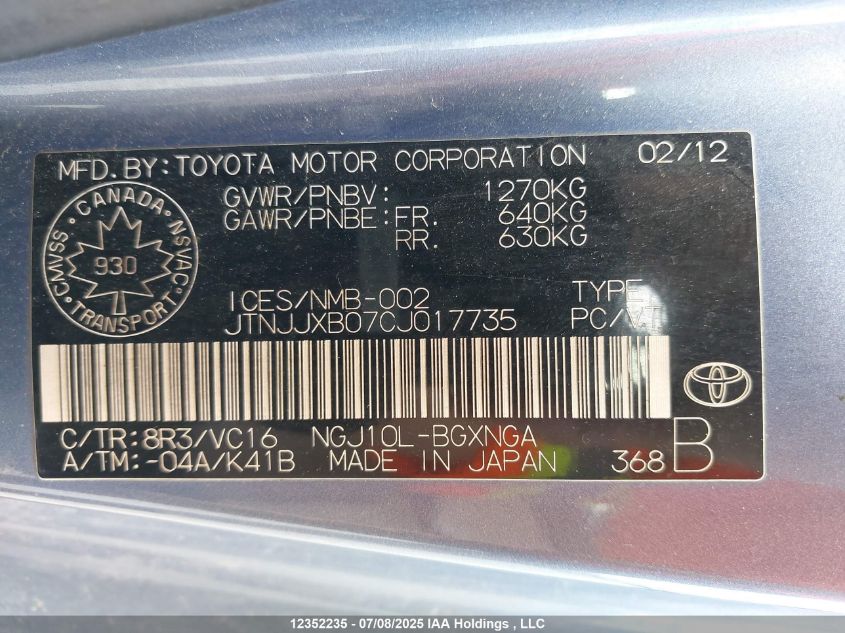 2012 Scion Iq VIN: JTNJJXB07CJ017735 Lot: 12352235