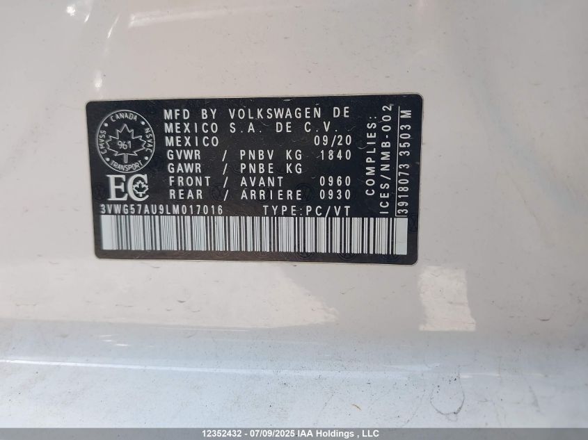 2020 Volkswagen Golf VIN: 3VWG57AU9LM017016 Lot: 12352432