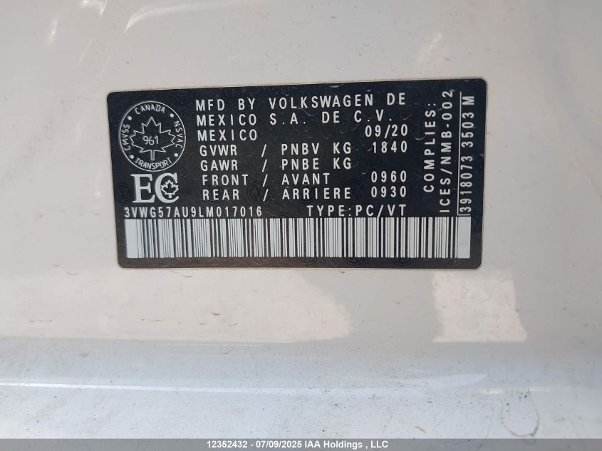 2020 Volkswagen Golf VIN: 3VWG57AU9LM017016 Lot: 12352432