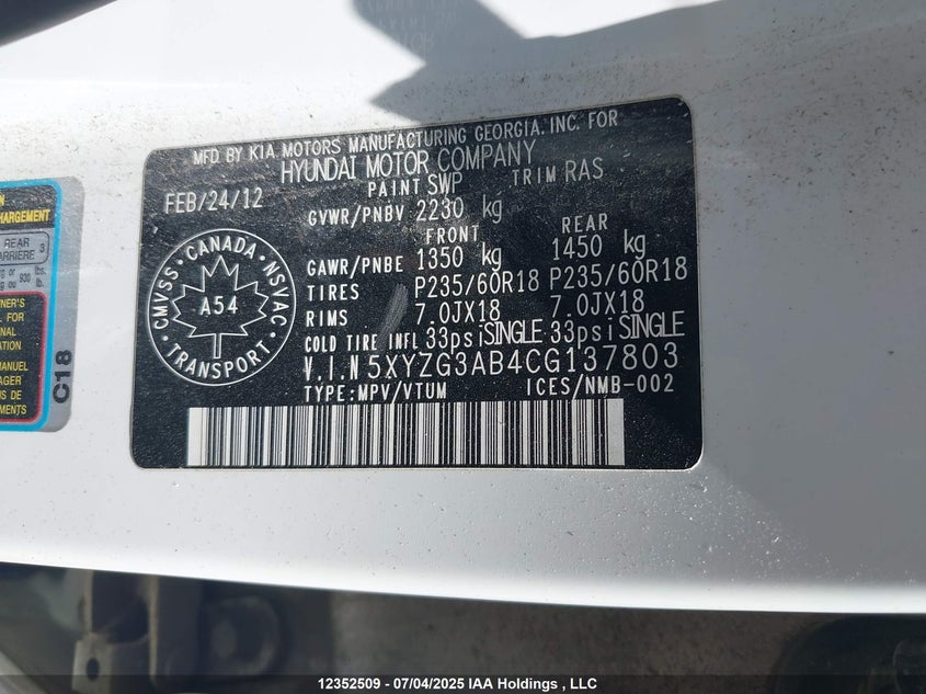 5XYZG3AB4CG137803 2012 HYUNDAI SANTA FE photo no. 9