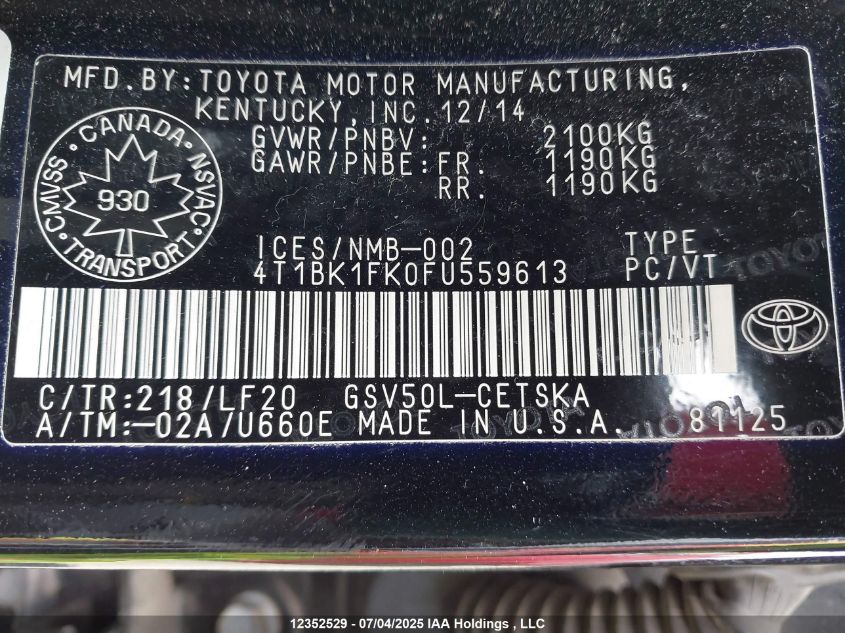 2015 Toyota Camry Xse V6 VIN: 4T1BK1FK0FU559613 Lot: 12352529