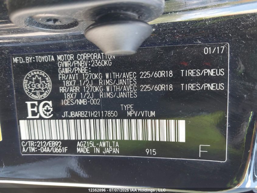 2017 Lexus Nx VIN: JTJBARBZ1H2117850 Lot: 12352896