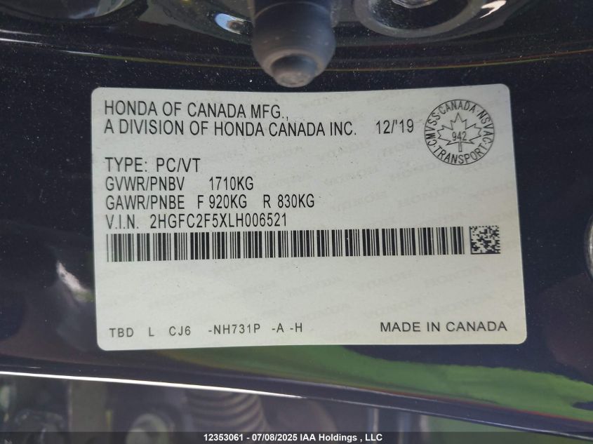 2020 Honda Civic VIN: 2HGFC2F5XLH006521 Lot: 12353061