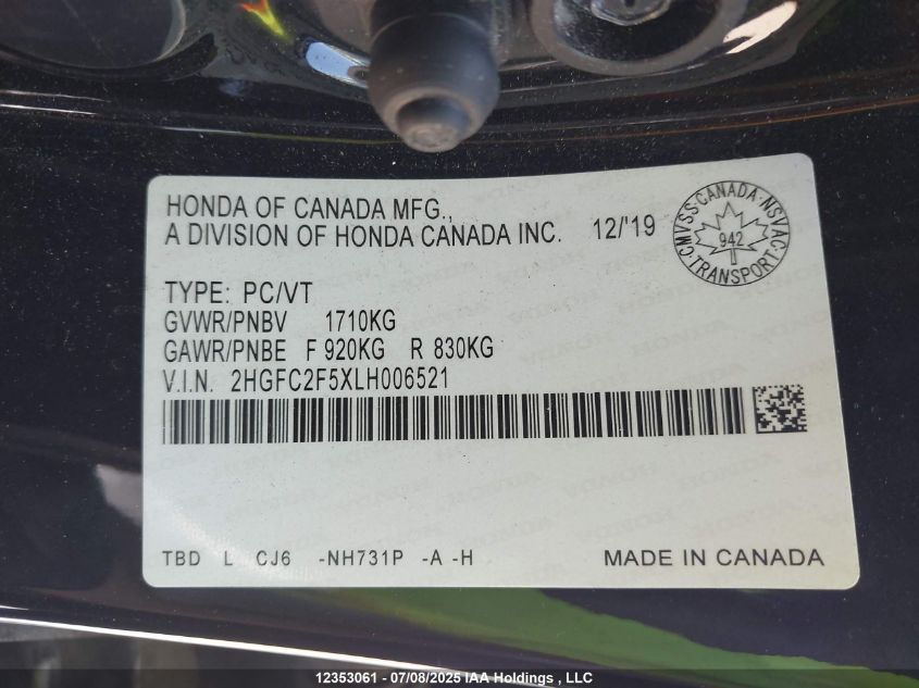 2020 Honda Civic VIN: 2HGFC2F5XLH006521 Lot: 12353061