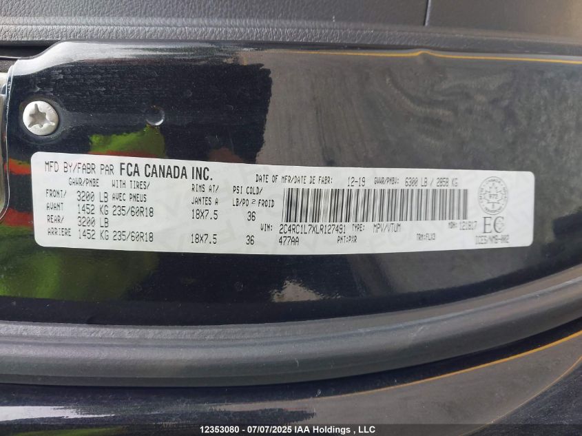 2020 Chrysler Pacifica VIN: 2C4RC1L7XLR127491 Lot: 12353080