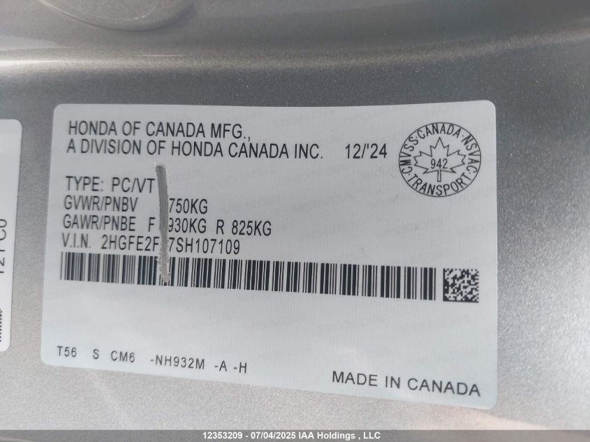 2025 Honda Civic Lx VIN: 2HGFE2F27SH107109 Lot: 12353209