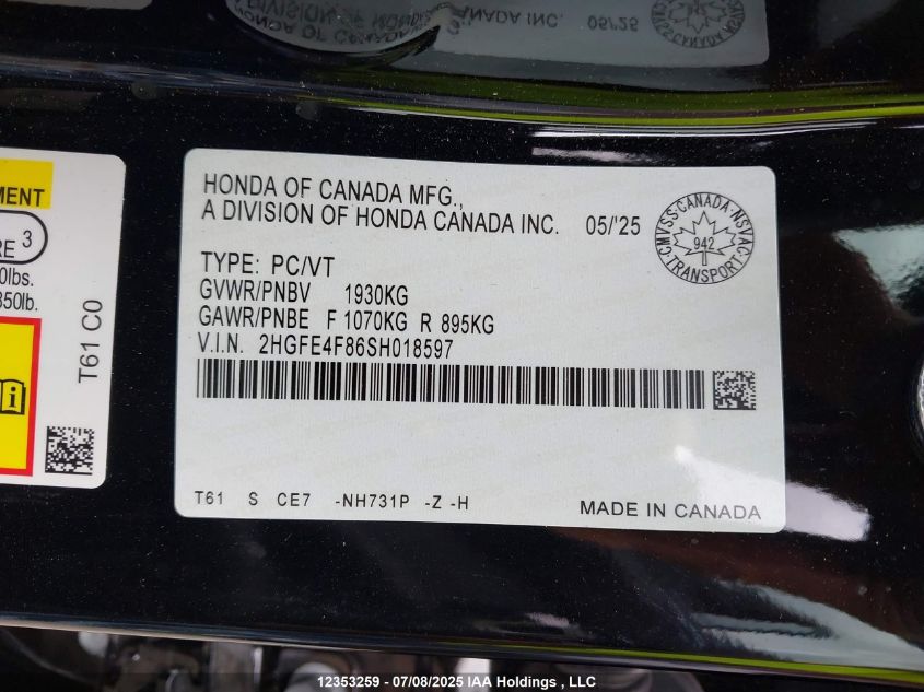 2025 Honda Civic Hybrid Sport/Sport Touring VIN: 2HGFE4F86SH018597 Lot: 12353259