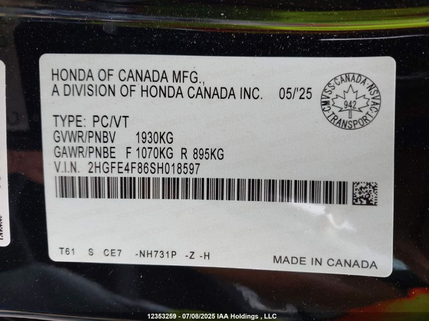 2025 Honda Civic Hybrid Sport/Sport Touring VIN: 2HGFE4F86SH018597 Lot: 12353259