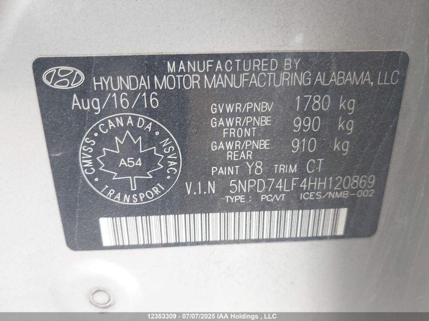 2017 Hyundai Elantra Le VIN: 5NPD74LF4HH120869 Lot: 12353309