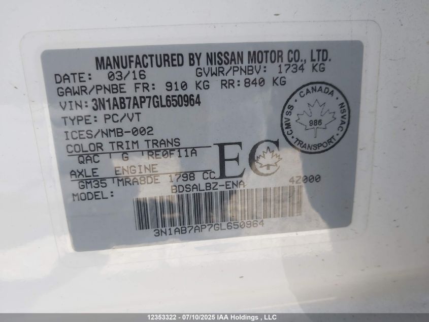 2016 Nissan Sentra 1.8 S/1.8 Sl/1.8 Sr/1.8 Sv VIN: 3N1AB7AP7GL650964 Lot: 12353322