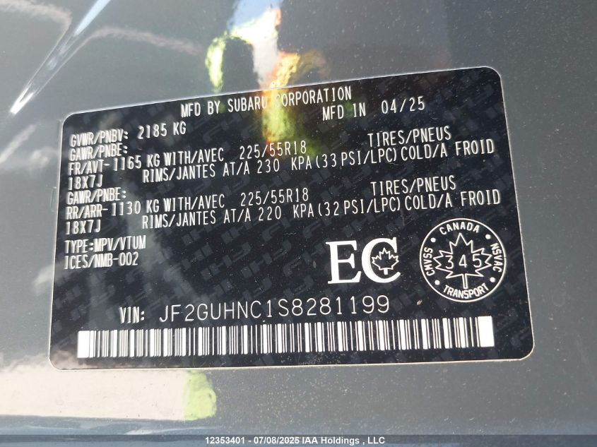 2025 Subaru Crosstrek Limited VIN: JF2GUHNC1S8281199 Lot: 12353401