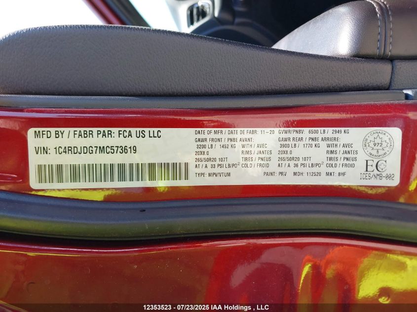 2021 Dodge Durango Gt VIN: 1C4RDJDG7MC573619 Lot: 12353523