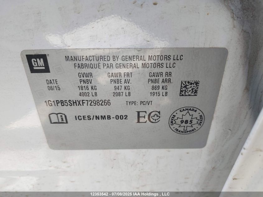 2015 Chevrolet Cruze 1Ls VIN: 1G1PB5SHXF7298266 Lot: 12353542