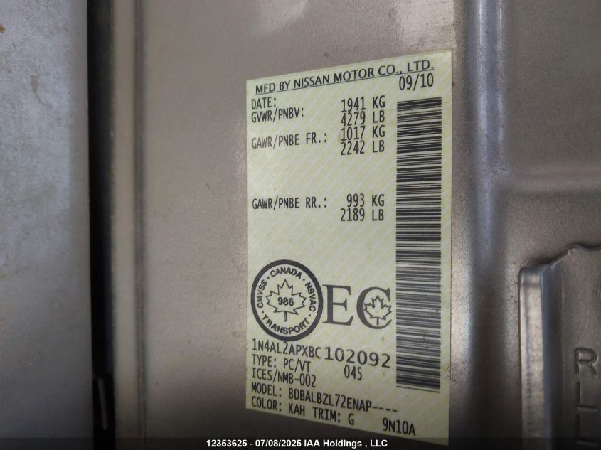 2011 Nissan Altima 2.5 S VIN: 1N4AL2APXBC102092 Lot: 12353625