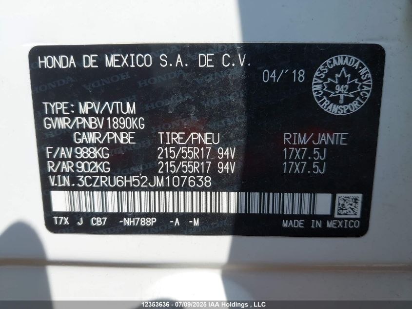 2018 Honda Hr-V Ex VIN: 3CZRU6H52JM107638 Lot: 12353636