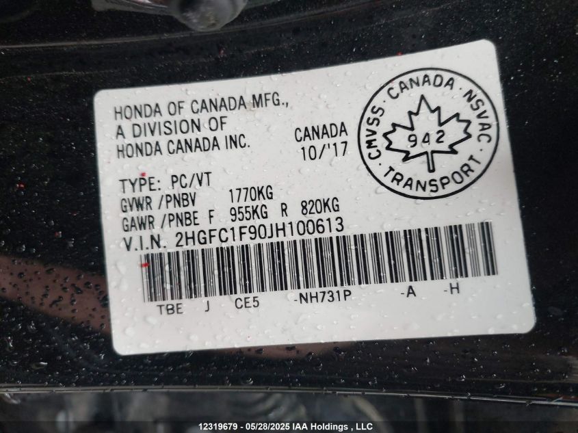 2018 Honda Civic Touring VIN: 2HGFC1F90JH100613 Lot: 12319679X