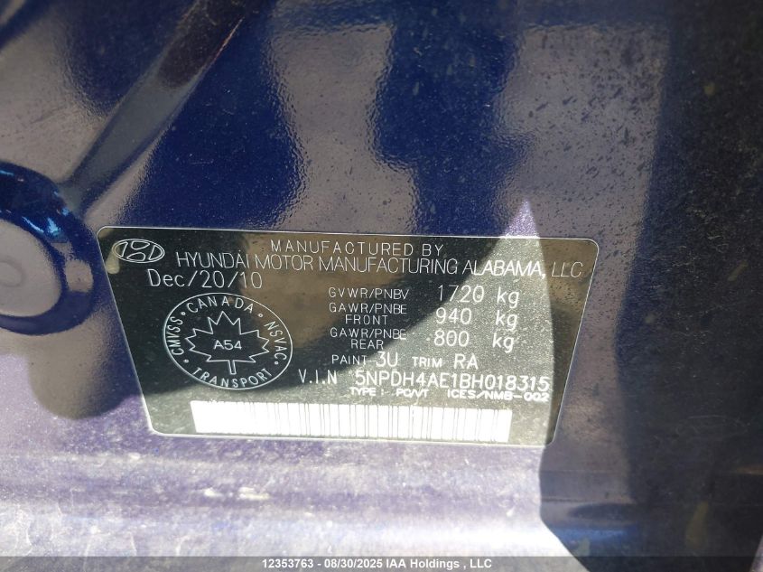 2011 Hyundai Elantra Gls/Limited VIN: 5NPDH4AE1BH018315 Lot: 12353763