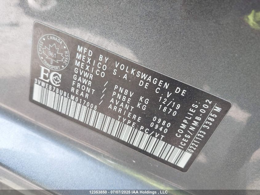 2020 Volkswagen Jetta Highline VIN: 3VWEB7BU8LM017006 Lot: 12353850